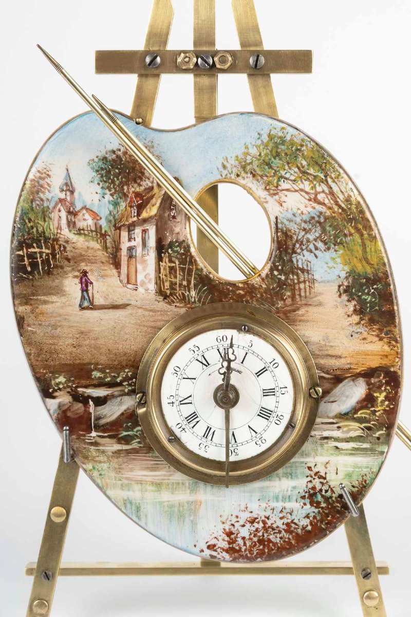 Pendule palette de peintre art nouveau, porcelaine et bronze doré, vers 1900 — 3