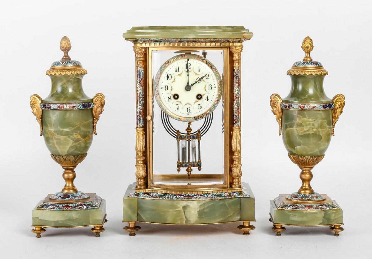 Garniture en bronze cloisonné et doré, Onyx vert fin du XIXe siècle — 13