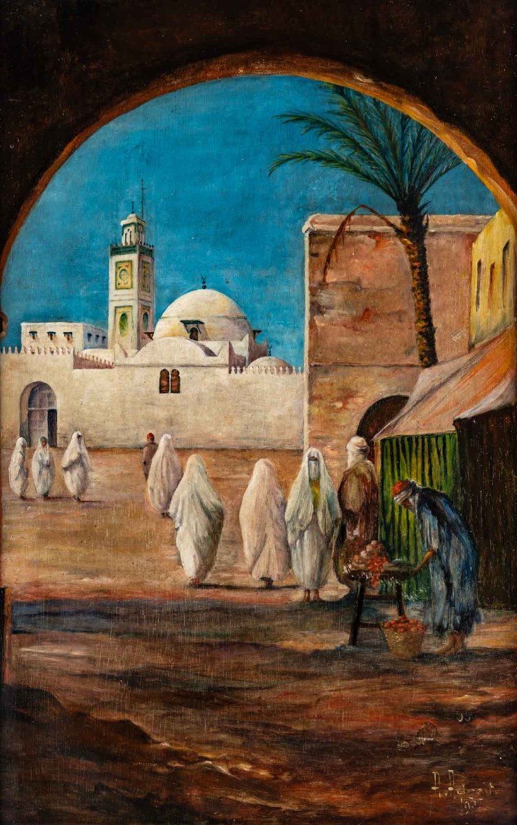 Paire de tableaux orientalistes huile sur Panneaux en Acajou XXe siècle — 3
