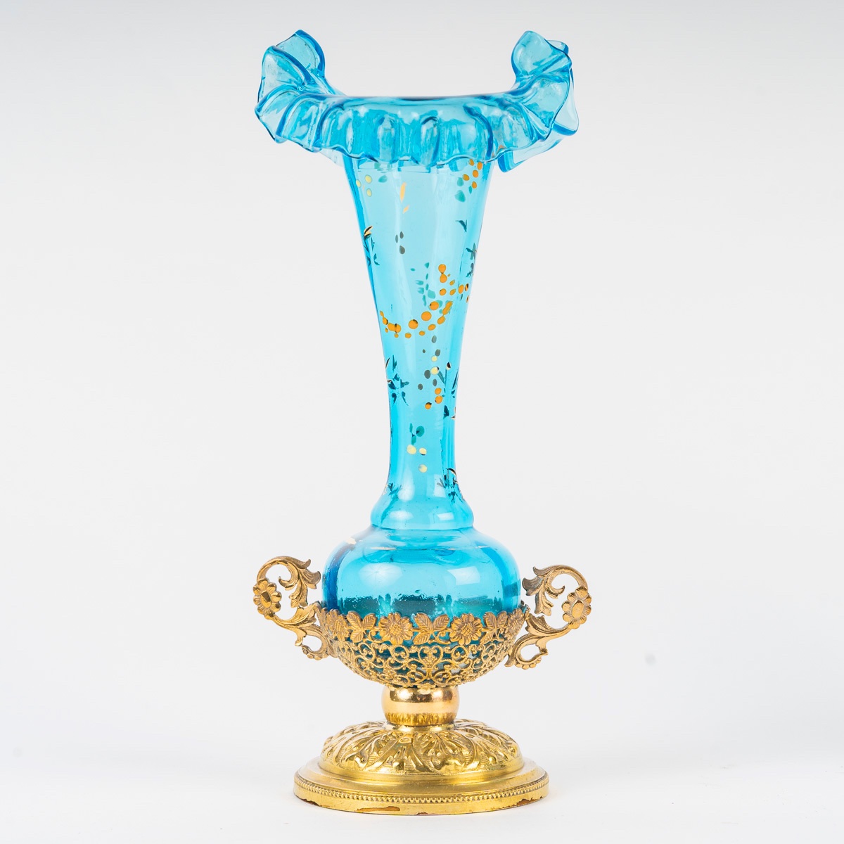 Paire de petits vases art nouveau en verre turquoise et laiton doré — 3