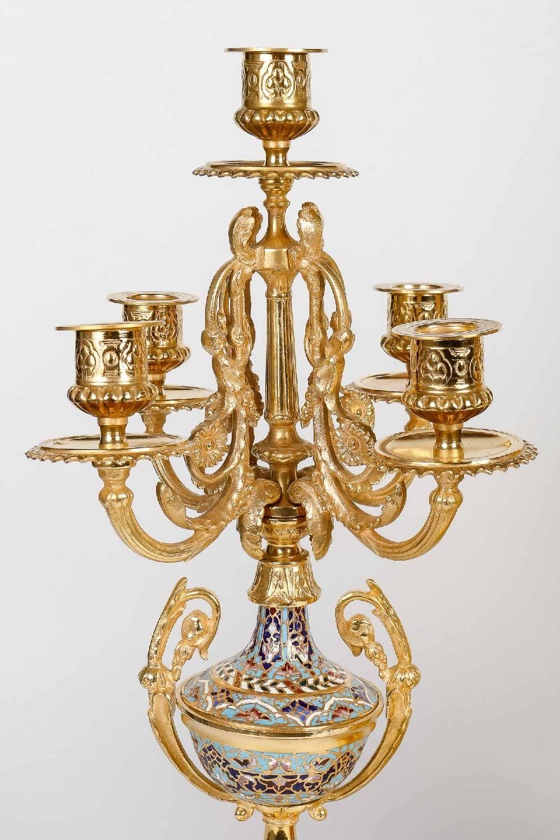 Garniture de Cheminée en bronze doré et émail cloisonné fin du XIXe siècle — 9