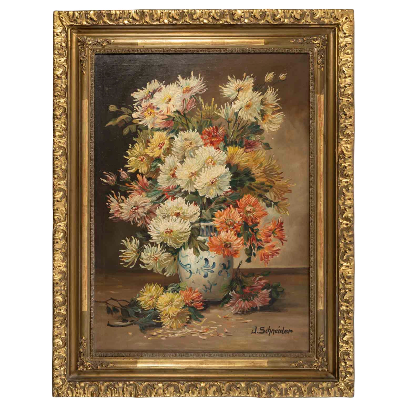 Un tableau de fleurs chrysanthèmes, signé J Shneider — 12