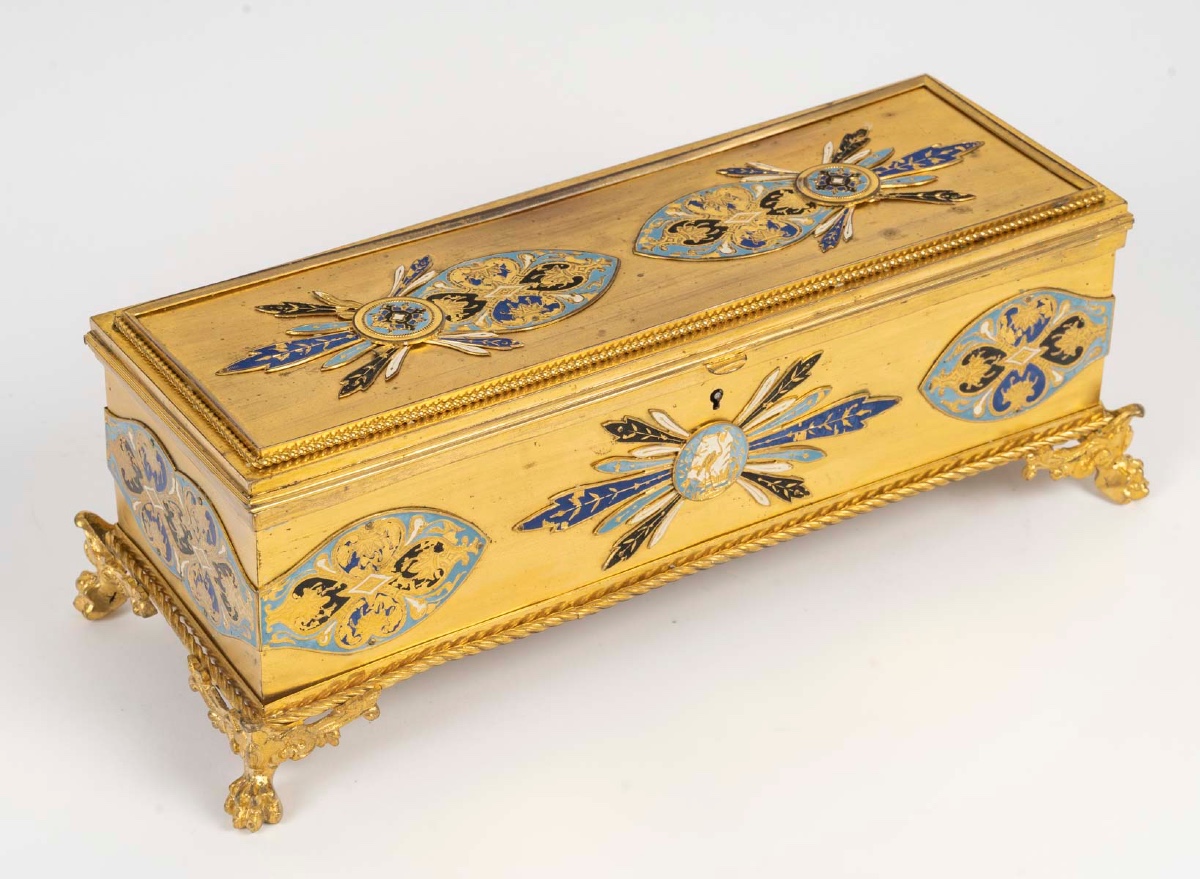 Coffret à bijoux Napoléon III en bronze doré et émail, vers 1880