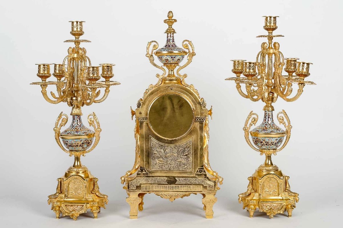 Garniture de Cheminée en bronze doré et émail cloisonné fin du XIXe siècle — 5