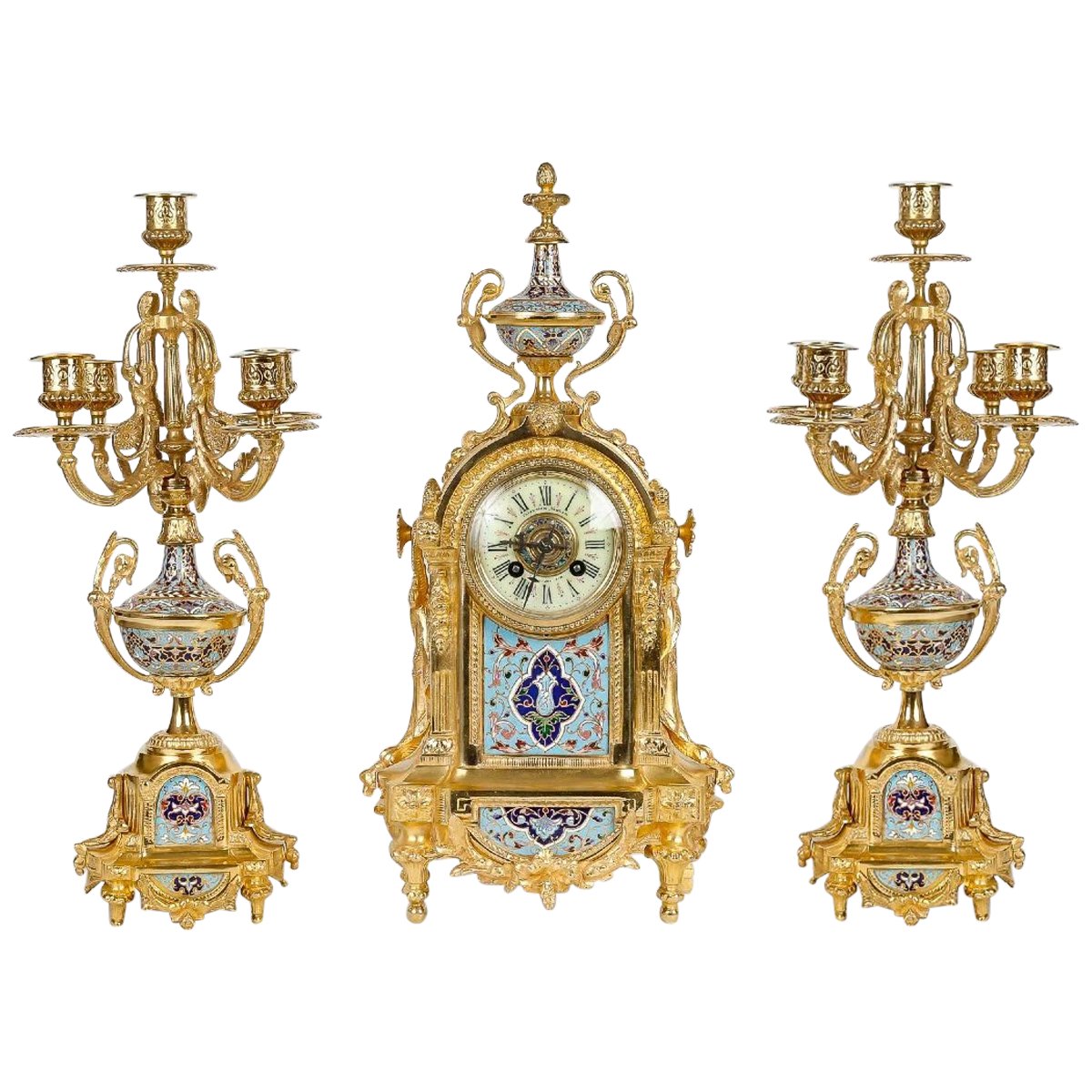 Garniture de Cheminée en bronze doré et émail cloisonné fin du XIXe siècle — 2