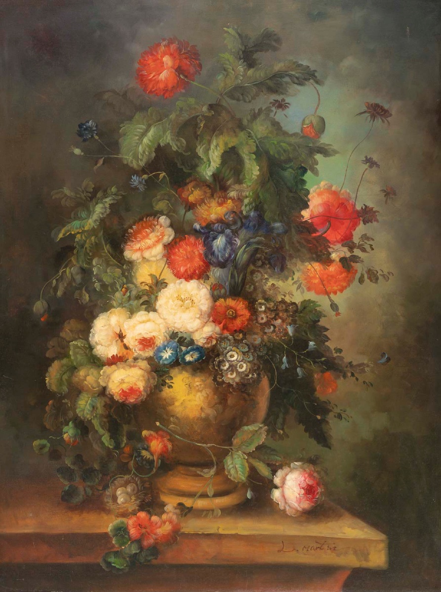 Grande huile sur toile XXe – Nature Morte au Bouquet de fleurs – signée l. Martin — 3