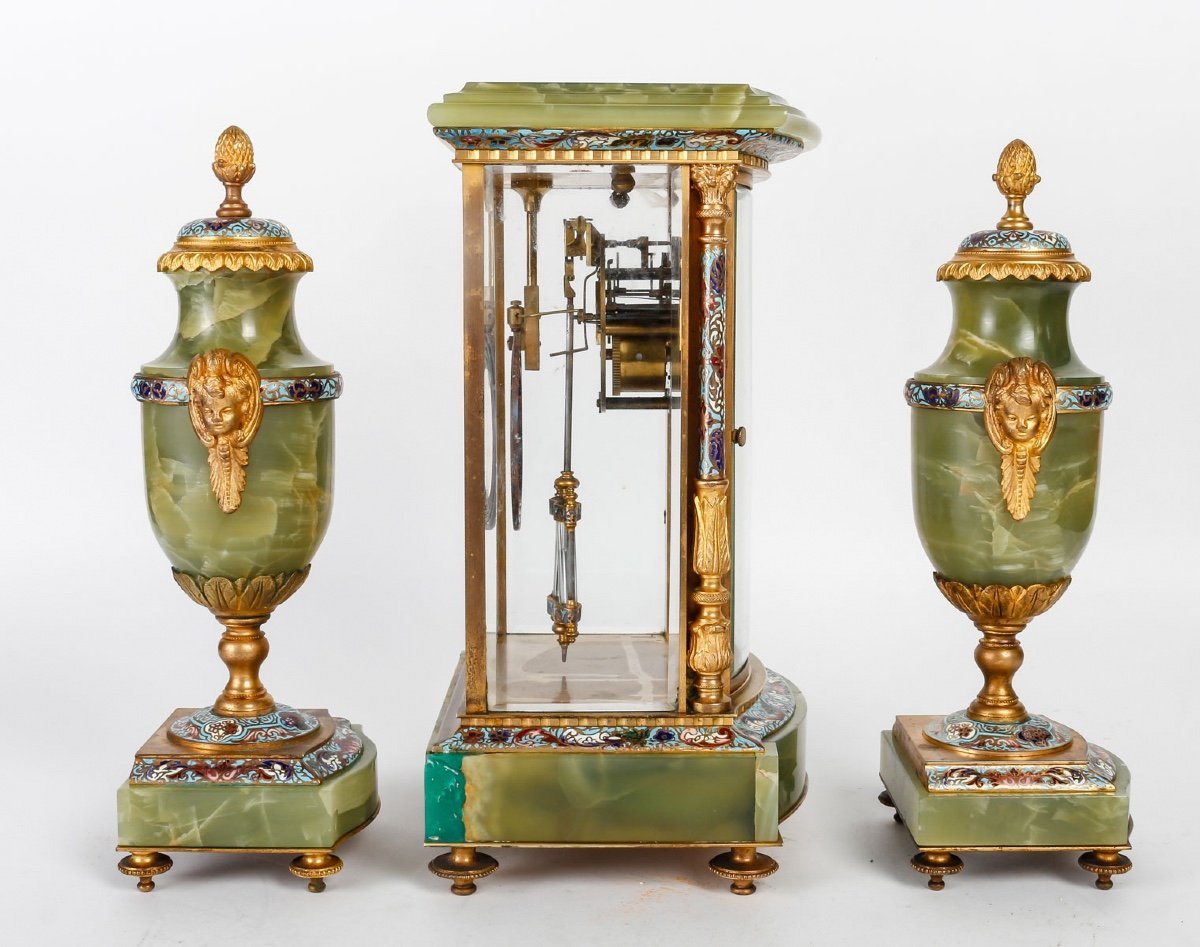 Garniture en bronze cloisonné et doré, Onyx vert fin du XIXe siècle — 5