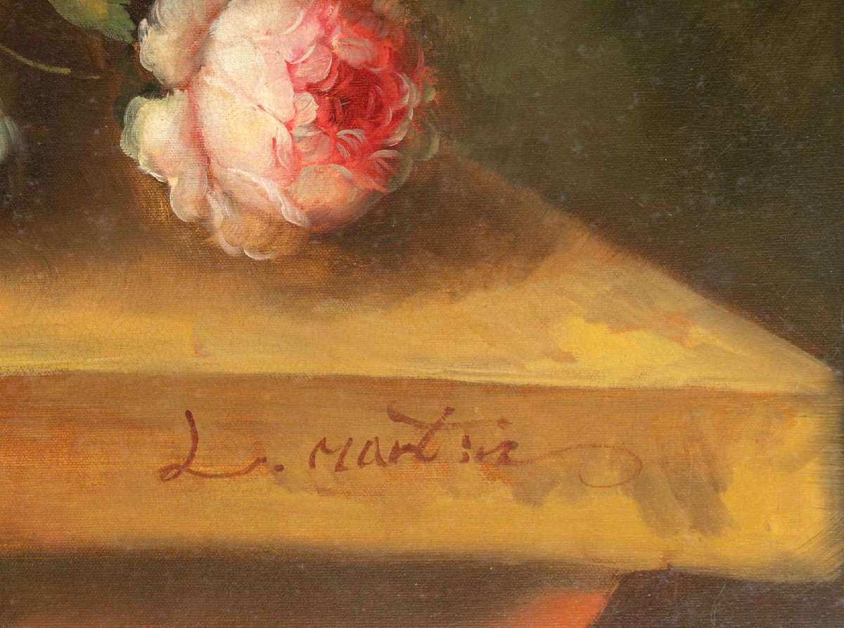 Grande huile sur toile XXe – Nature Morte au Bouquet de fleurs – signée l. Martin — 7