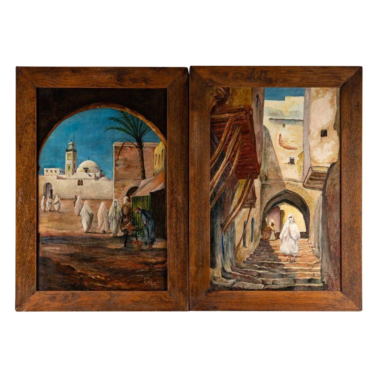 Paire de tableaux orientalistes huile sur Panneaux en Acajou XXe siècle — 2