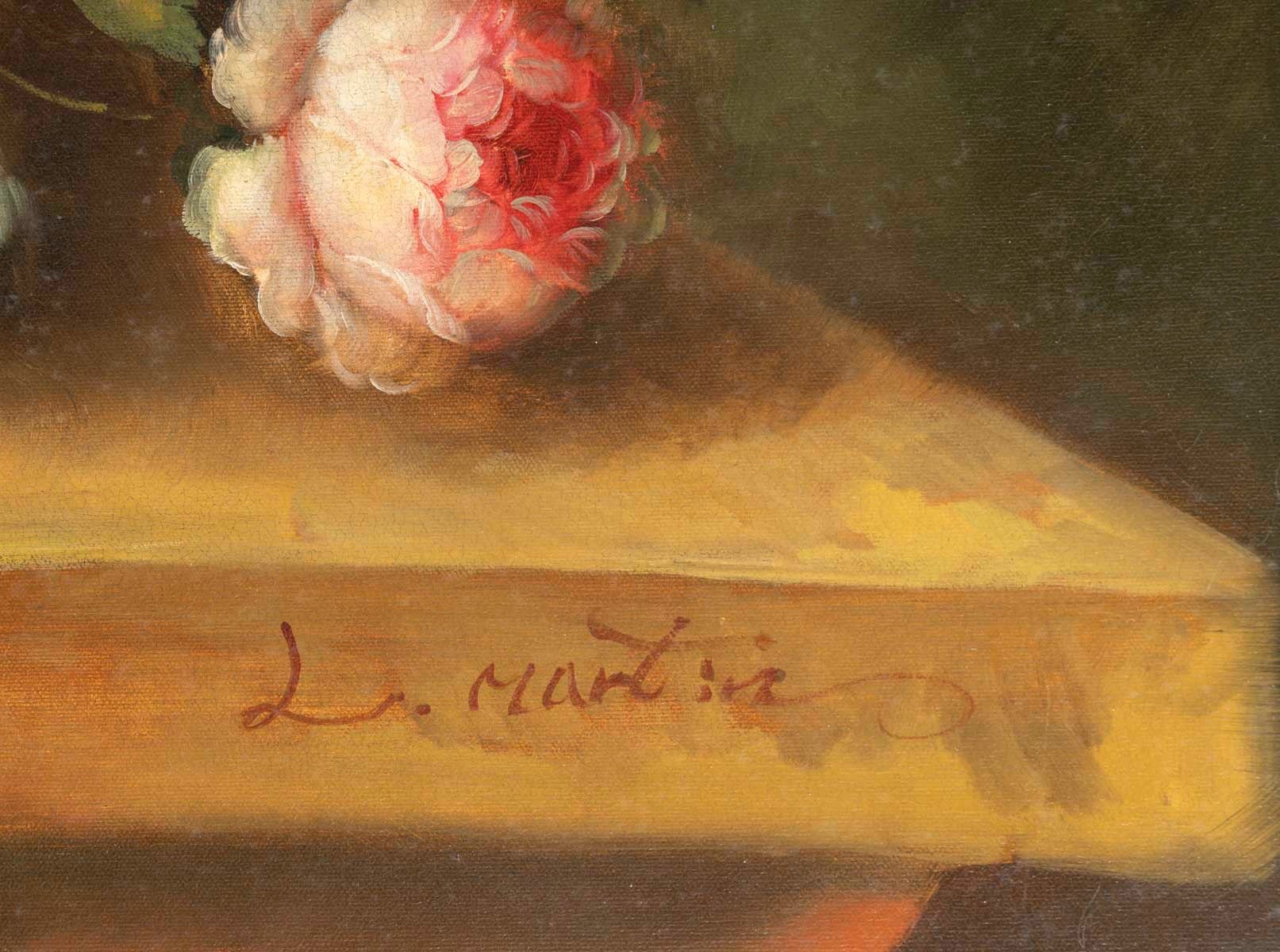 Grande huile sur toile XXe – Nature Morte au Bouquet de fleurs – signée l. Martin — 16