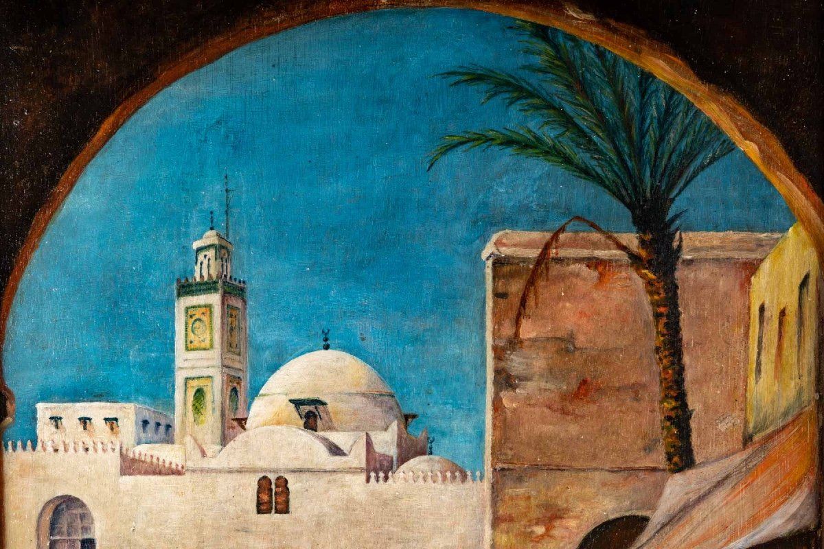 Paire de tableaux orientalistes huile sur Panneaux en Acajou XXe siècle — 10