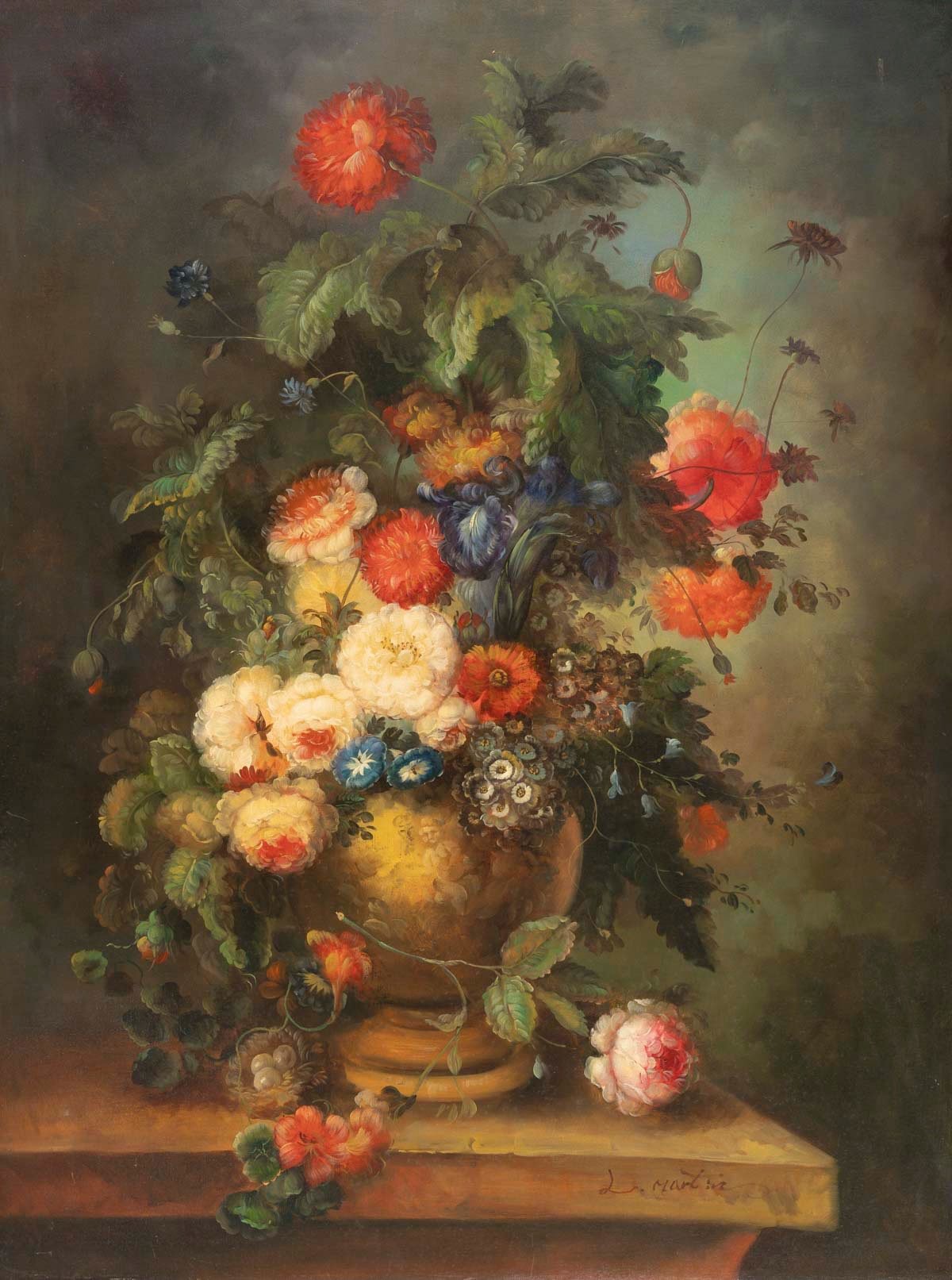 Grande huile sur toile XXe – Nature Morte au Bouquet de fleurs – signée l. Martin — 13