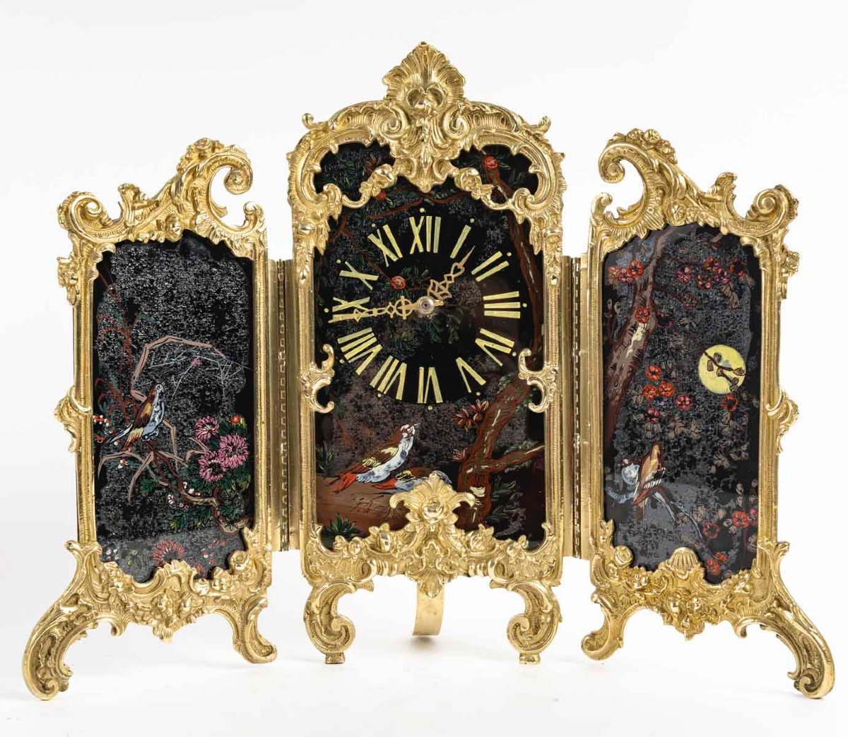 Une pendule Paravent en bronze doré et verre Peint, art nouveau — 4