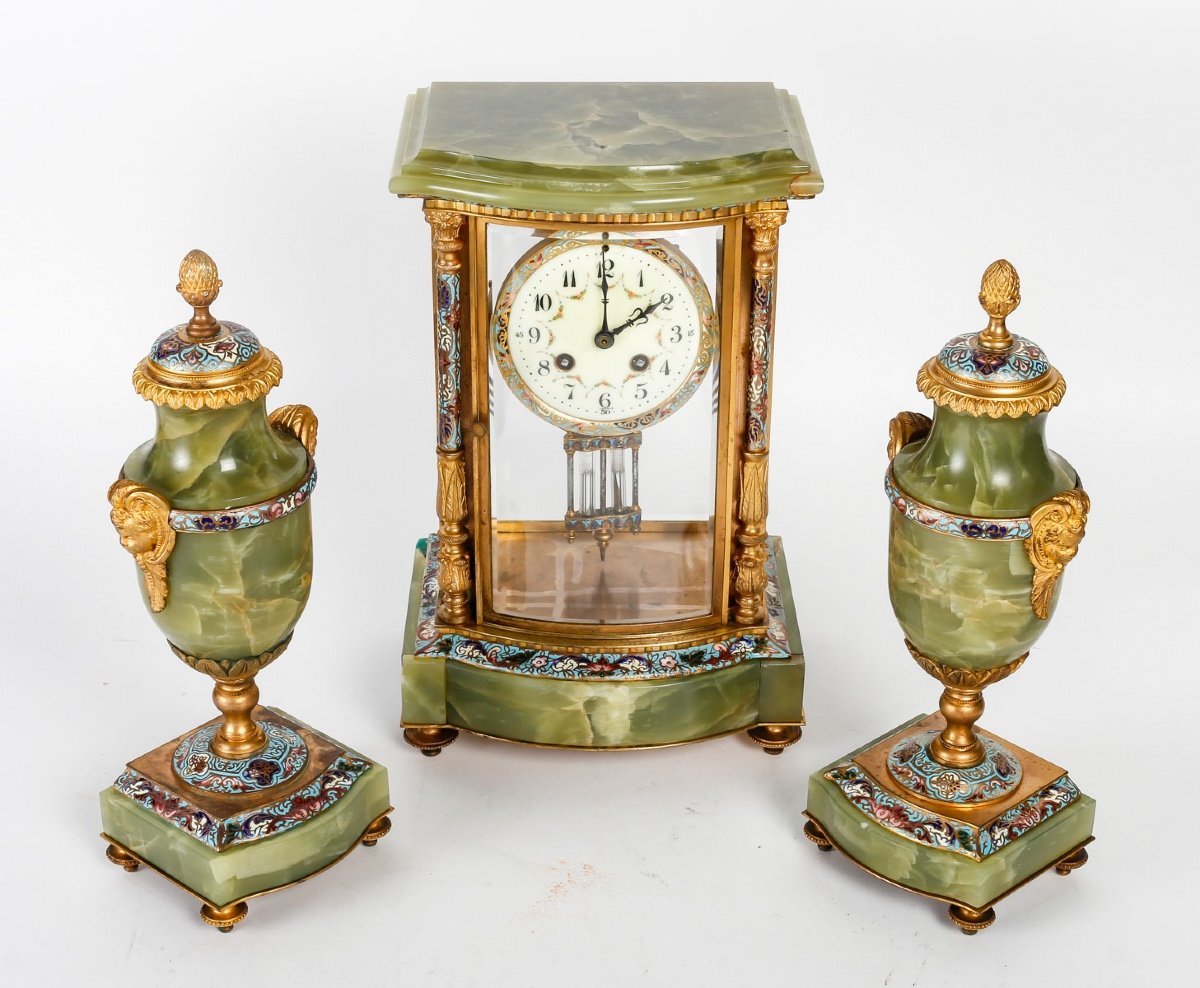 Garniture en bronze cloisonné et doré, Onyx vert fin du XIXe siècle — 3