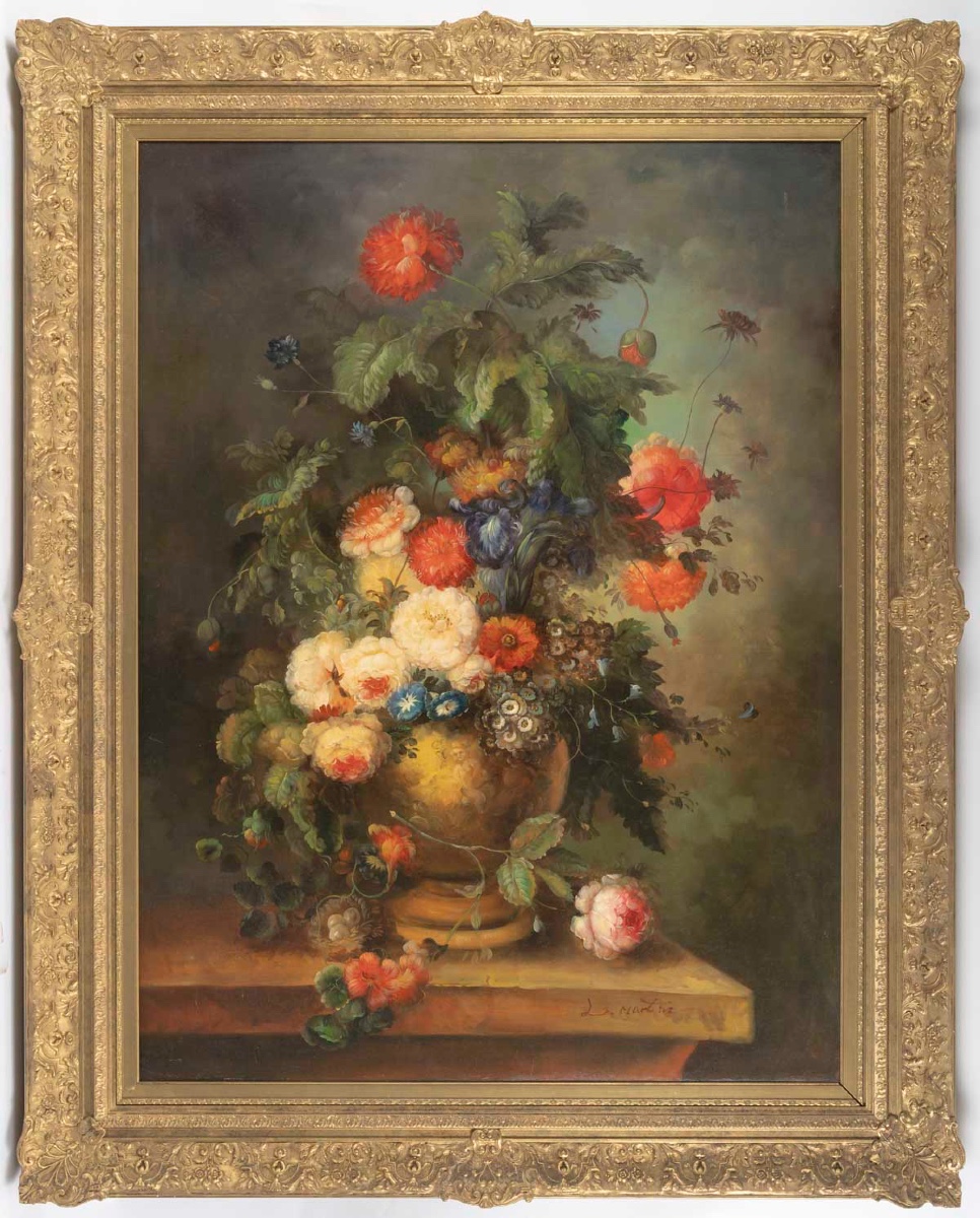 Grande huile sur toile XXe – Nature Morte au Bouquet de fleurs – signée l. Martin — 2