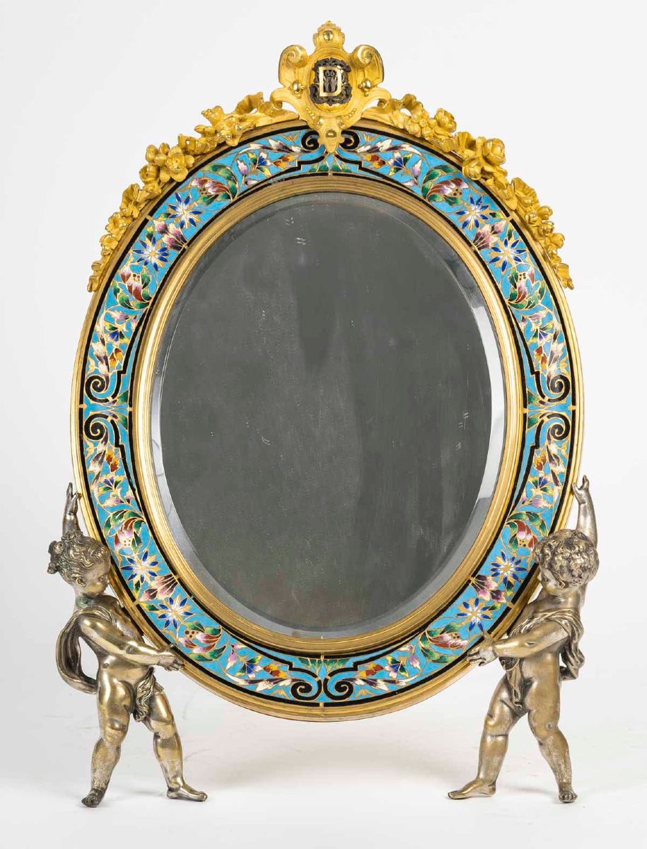 Miroir de table en bronze doré, bronze argenté et émaux polychromes – France, vers 1880 — 2