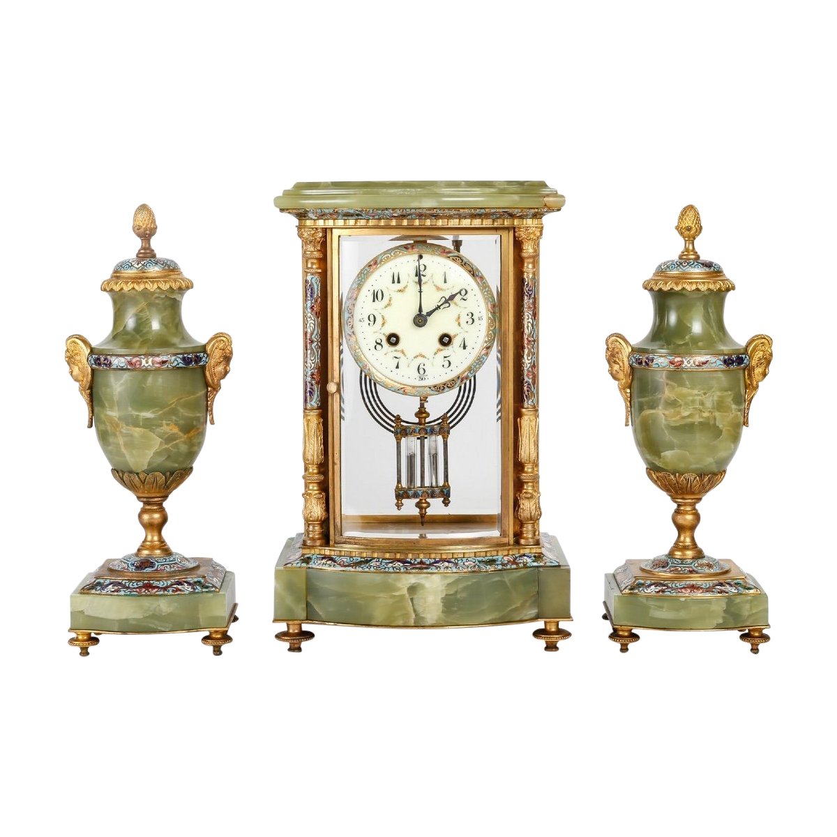 Garniture en bronze cloisonné et doré, Onyx vert fin du XIXe siècle — 2