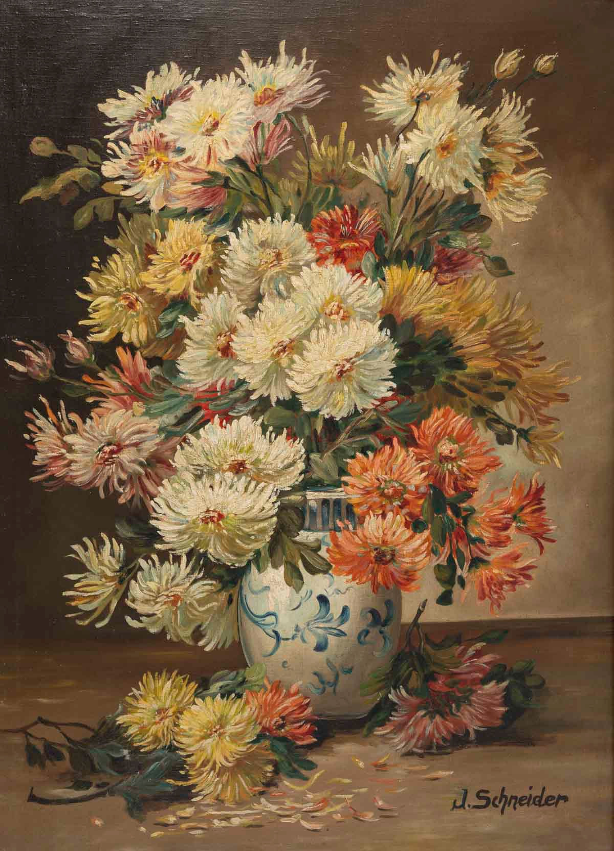 Un tableau de fleurs chrysanthèmes, signé J Shneider — 13