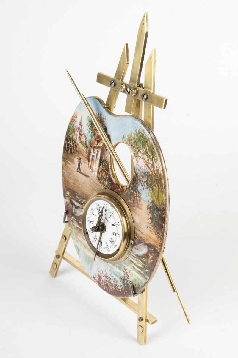 Pendule palette de peintre art nouveau, porcelaine et bronze doré, vers 1900 — 6
