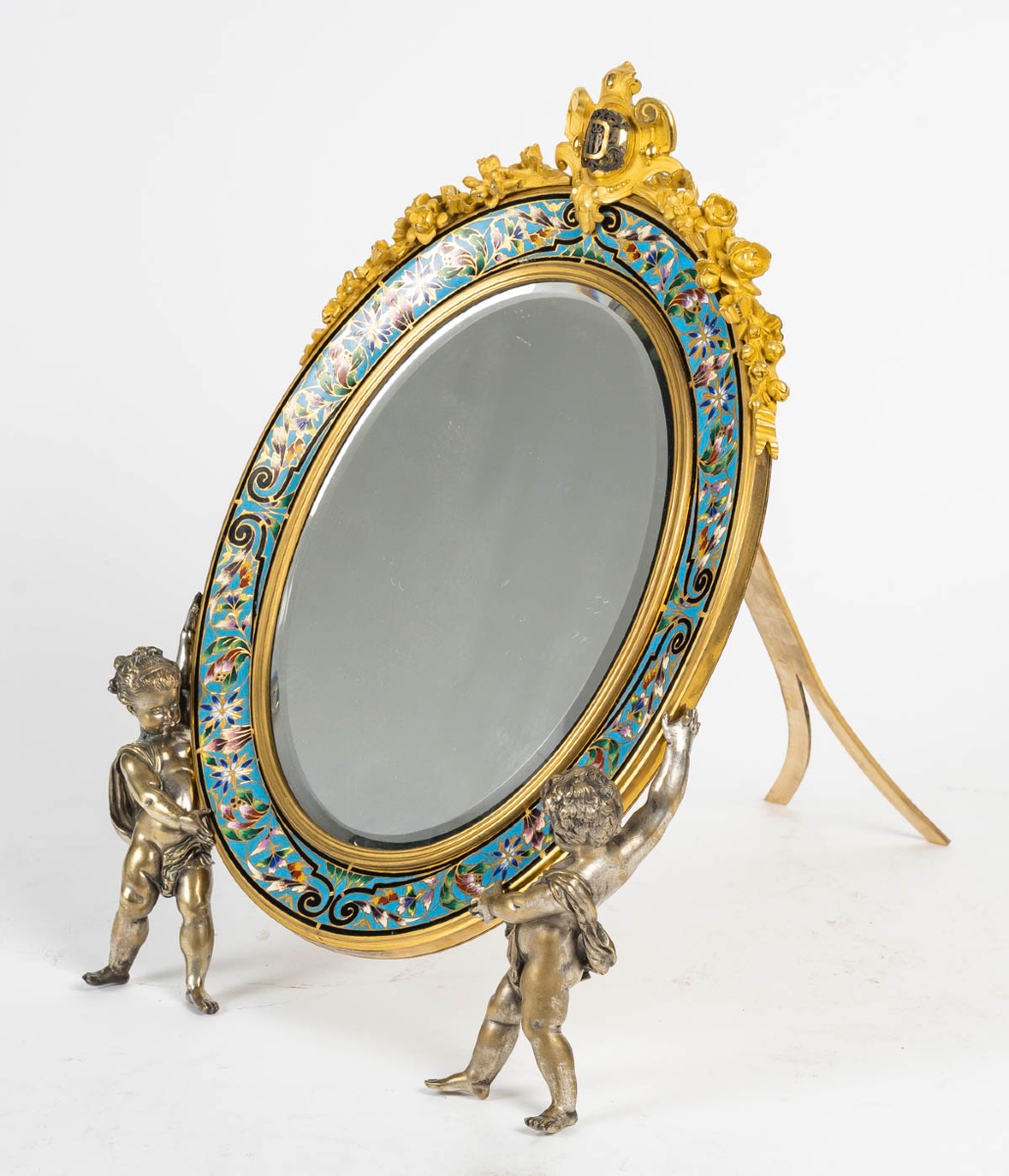 Miroir de table en bronze doré, bronze argenté et émaux polychromes – France, vers 1880 — 12