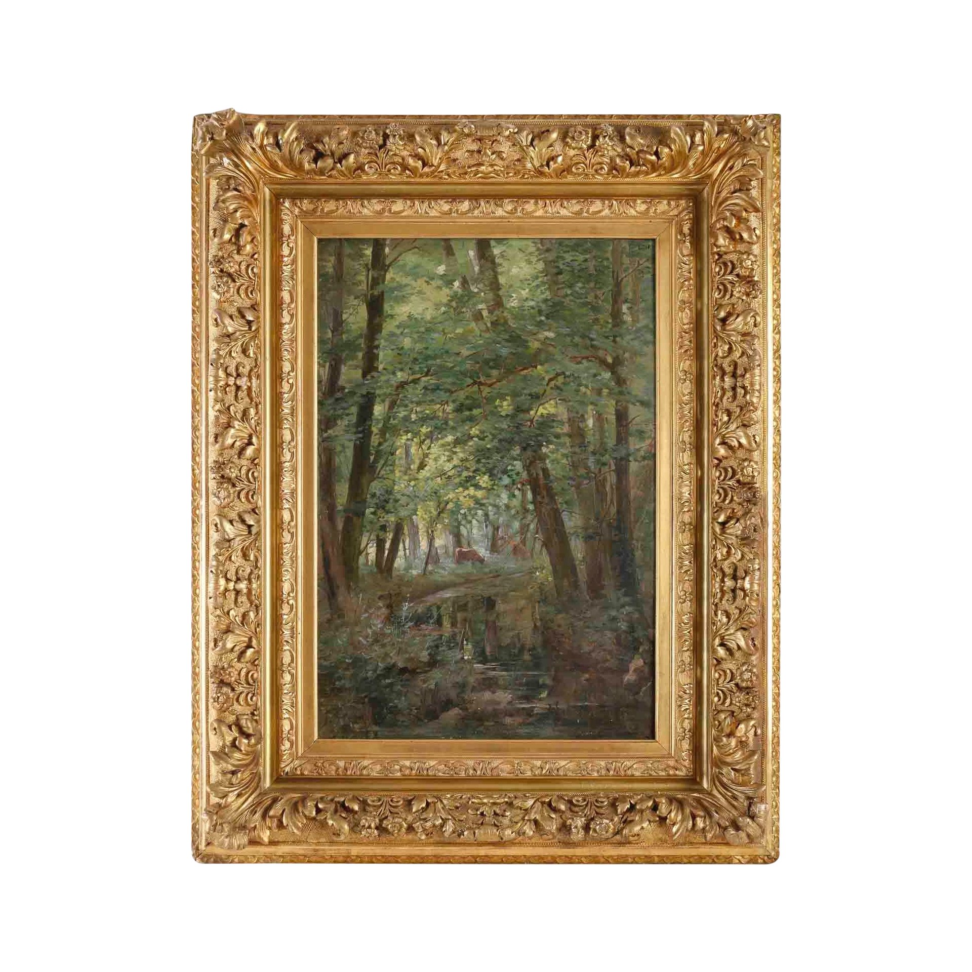 Huile sur toile de Joseph Caron Vue de sous-bois Encadré fin du XIXe siècle — 2