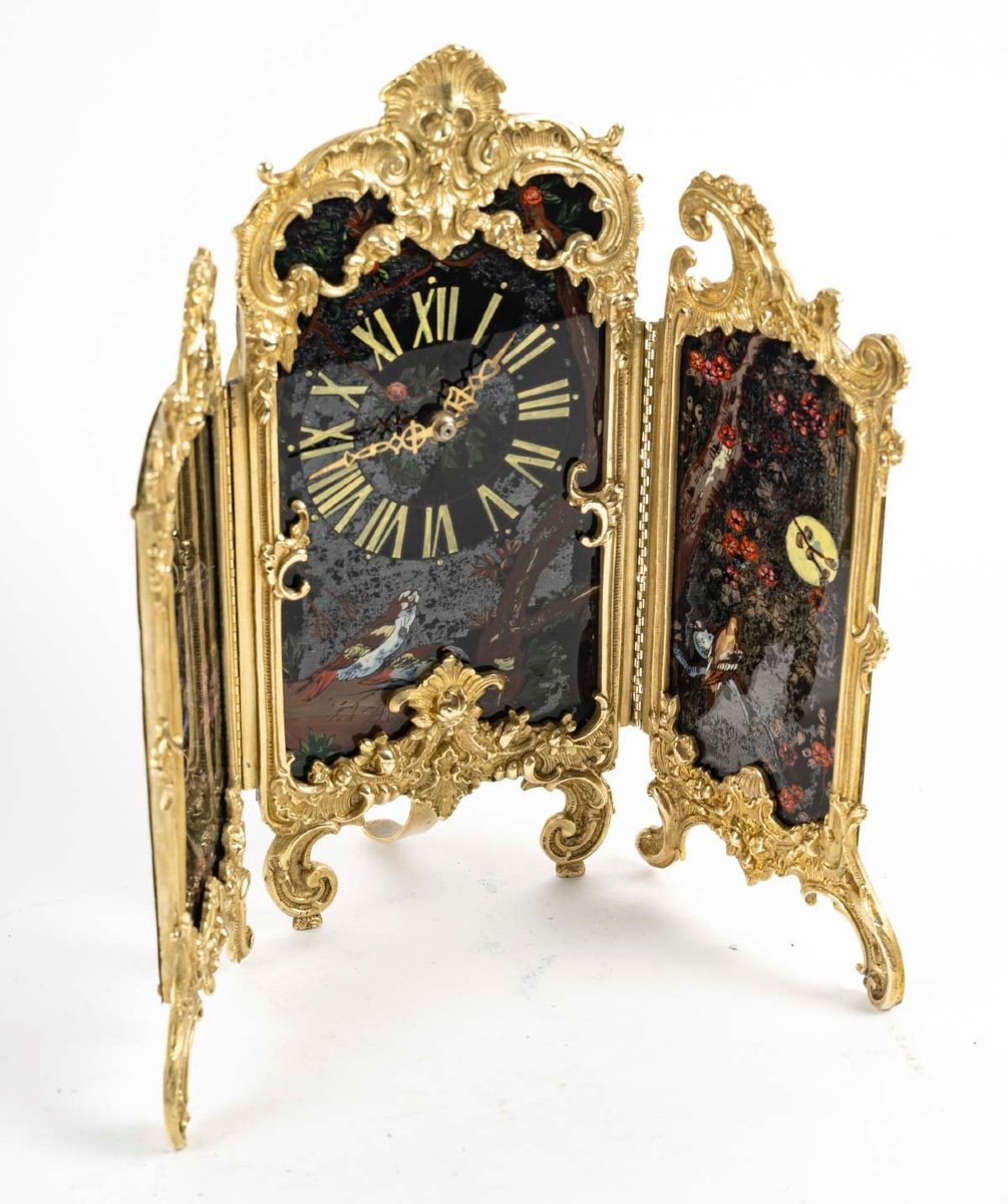 Une pendule Paravent en bronze doré et verre Peint, art nouveau — 3