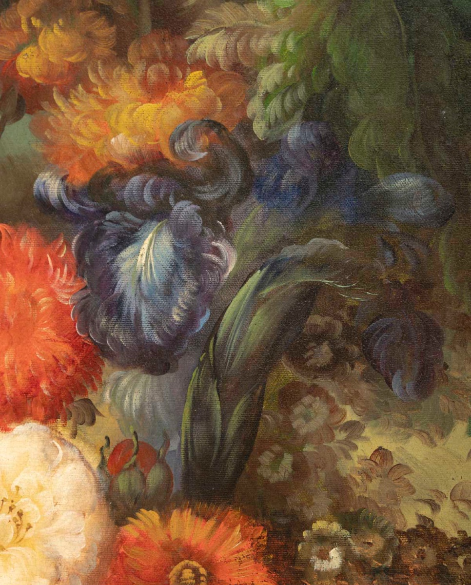 Grande huile sur toile XXe – Nature Morte au Bouquet de fleurs – signée l. Martin — 11