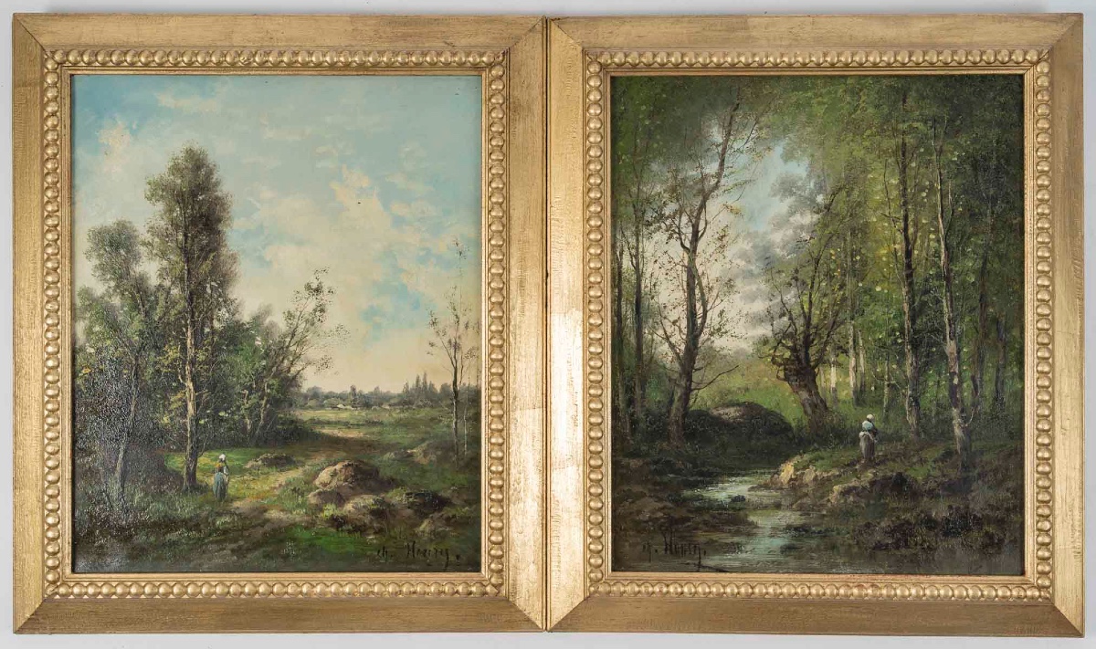 Paire de tableaux HENRY CH. paysages de rivière animé, fin du XIXe siècle