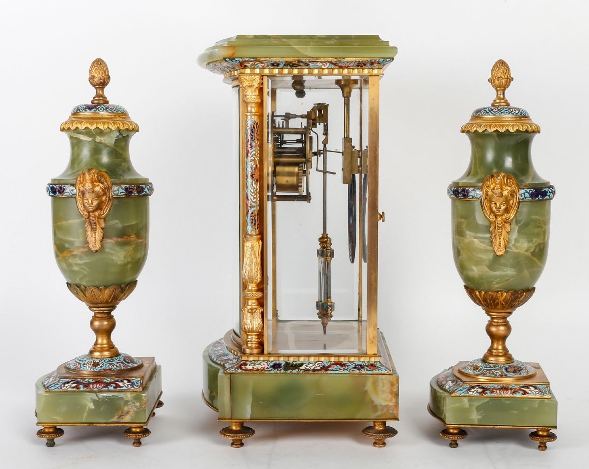 Garniture en bronze cloisonné et doré, Onyx vert fin du XIXe siècle — 6