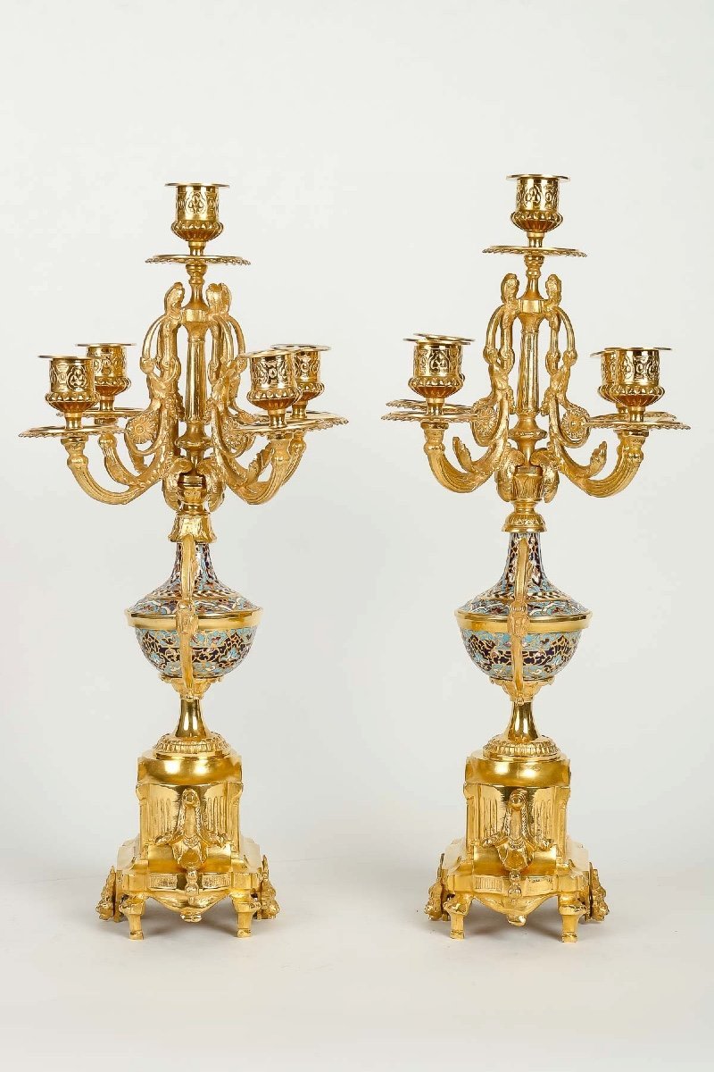 Garniture de Cheminée en bronze doré et émail cloisonné fin du XIXe siècle — 13
