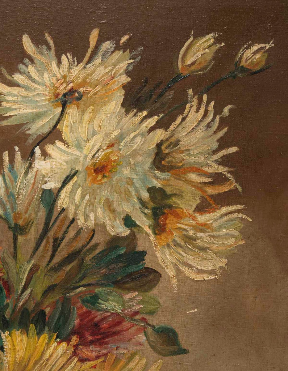 Un tableau de fleurs chrysanthèmes, signé J Shneider — 10