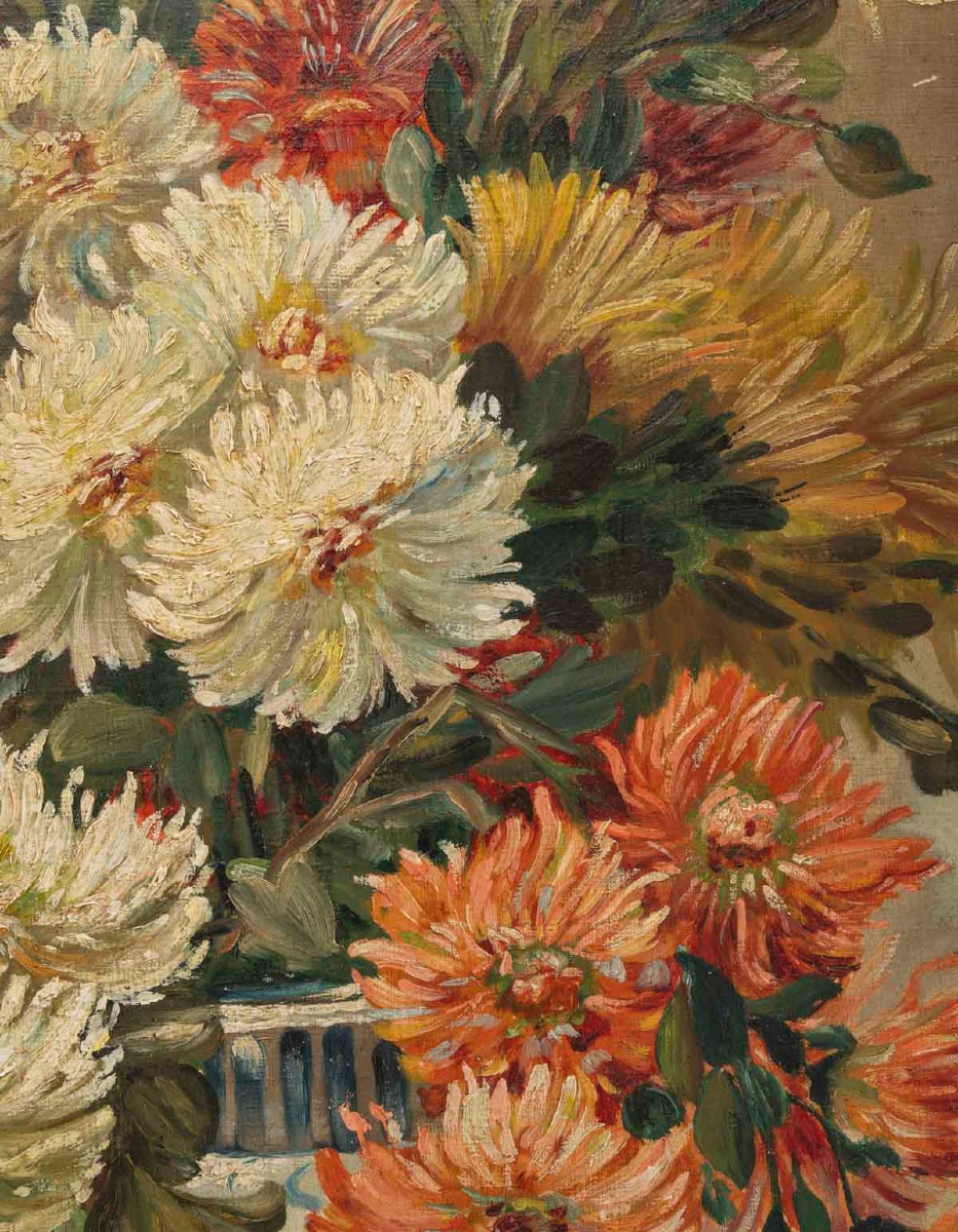 Un tableau de fleurs chrysanthèmes, signé J Shneider — 7