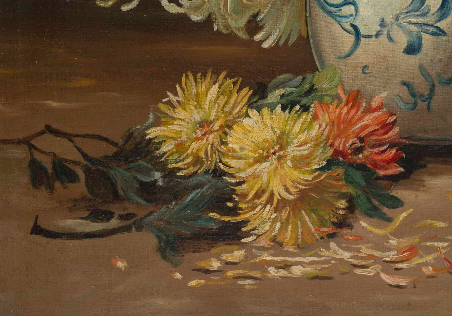 Un tableau de fleurs chrysanthèmes, signé J Shneider — 14