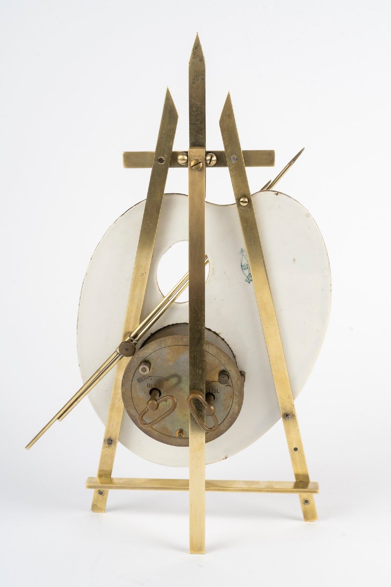 Pendule palette de peintre art nouveau, porcelaine et bronze doré, vers 1900 — 8
