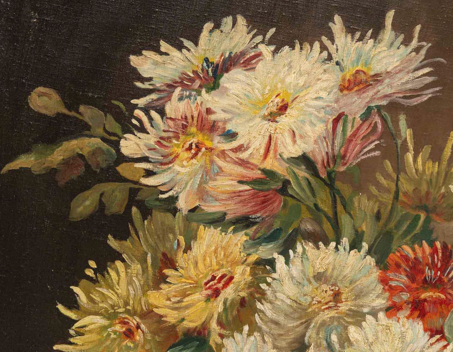 Un tableau de fleurs chrysanthèmes, signé J Shneider — 18