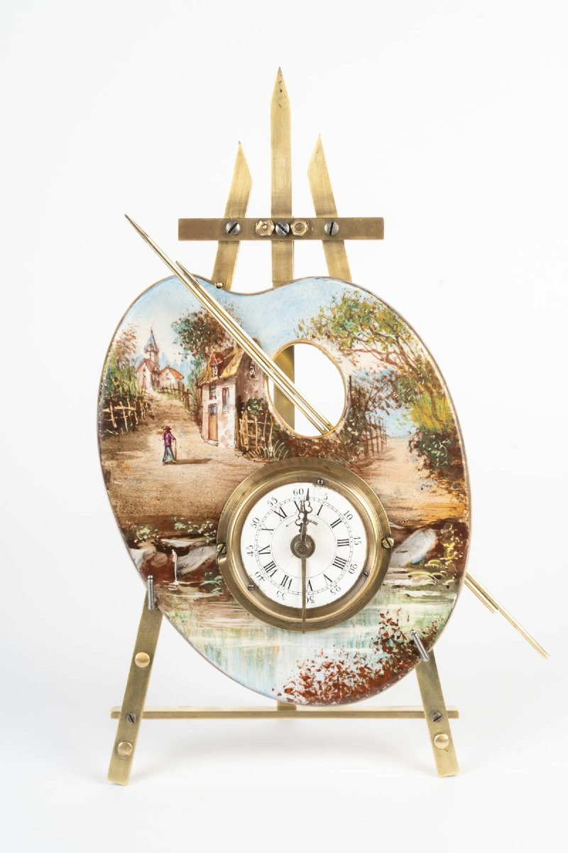 Pendule palette de peintre art nouveau, porcelaine et bronze doré, vers 1900 — 2