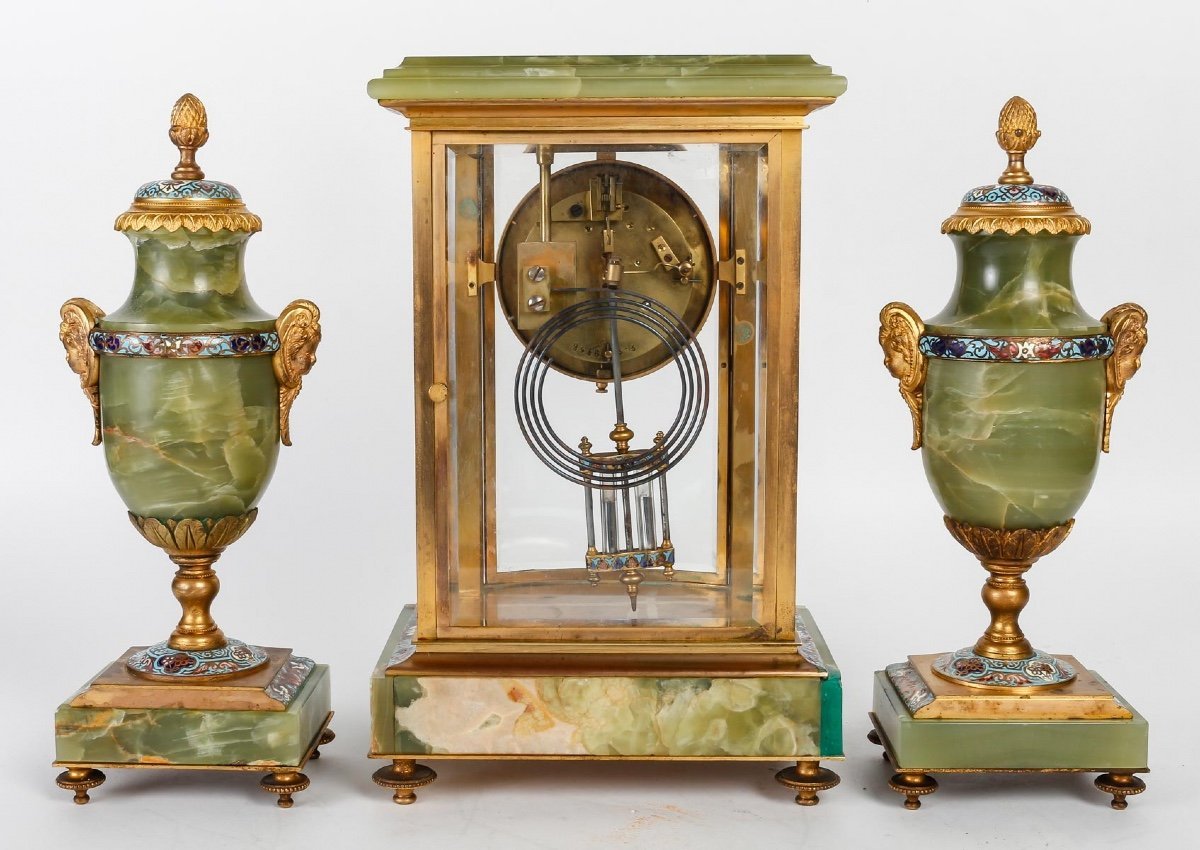 Garniture en bronze cloisonné et doré, Onyx vert fin du XIXe siècle — 4