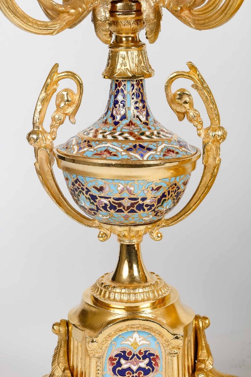 Garniture de Cheminée en bronze doré et émail cloisonné fin du XIXe siècle — 10