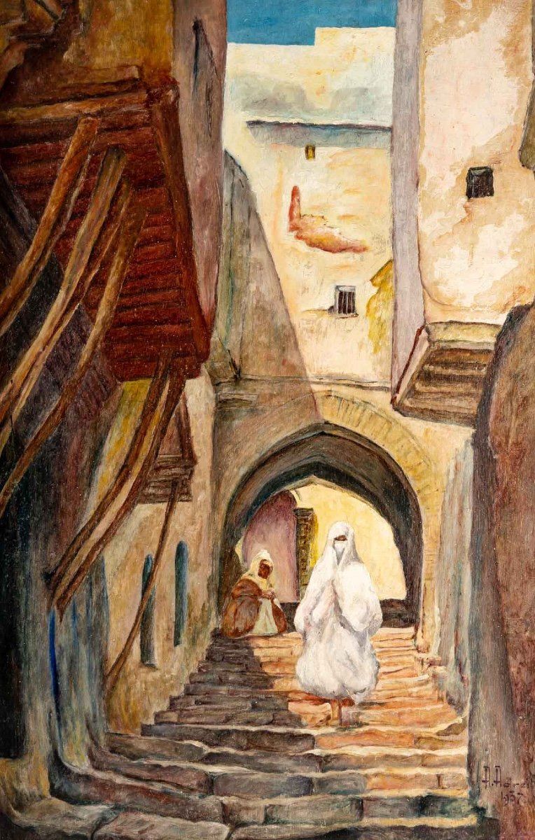 Paire de tableaux orientalistes huile sur Panneaux en Acajou XXe siècle — 4