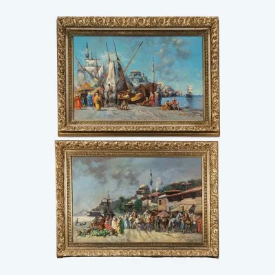 Une paire de tableaux, huile sur toile Vue de Istanbul, XXe siècle