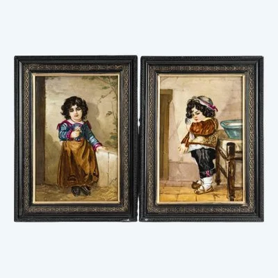Une paire de tableaux Plaques en porcelaine, Hélène Cahen XIXe siècle