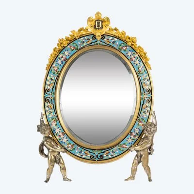 Miroir de table en bronze doré, bronze argenté et émaux polychromes – France, vers 1880