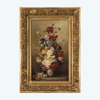 Une huile sur toile composition florale, fin du XIXe siècle