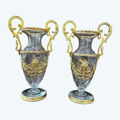 Paire de vases Napoléon III en cristal et bronze doré – XIXe siècle