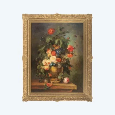 Grande huile sur toile XXe – Nature Morte au Bouquet de fleurs – signée l. Martin