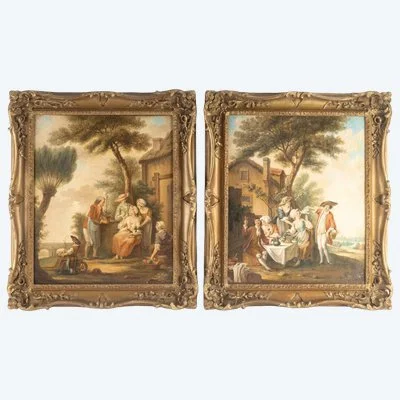 Une paire de tableaux scènes galantes, fin du XIXe siècle
