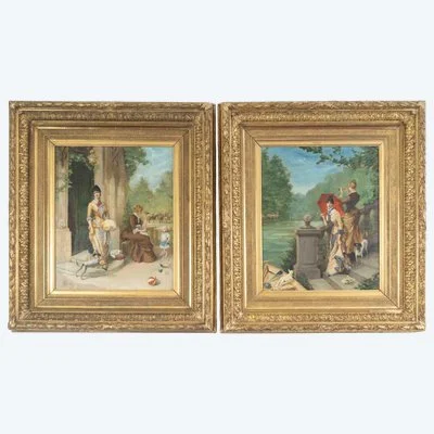 Une paire de tableaux huile sur toile, scène de genre, fin du XIXe siècle