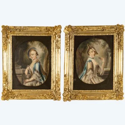 Portraits XVIIIe siècle - une paire de tableaux huile sur toile XVIIIe siècle