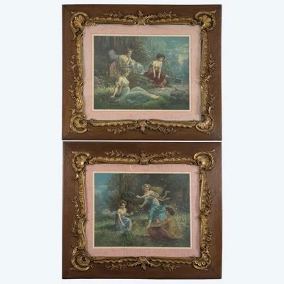 Paire de gravures rehaussées à l'aquarelle, époque Napoléon III, vers 1860-1870