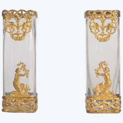 Paire de vases en cristal et bronze doré, style Louis XVI, fin du XIXe siècle
